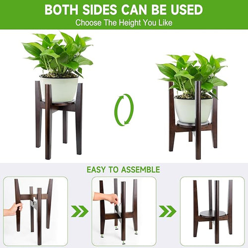 Adjustable Plant Stand with Tray,Indoor Wood Plant Stand Fit 8'' to 12'' Planter,Mid Century Modern Flower Pot Holder Rack(Plant and Pot Not Included)