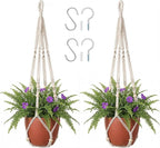 Macrame Plant Hanger 35", Set of 2 No Tassel Hanging Plant Holder, Sturdy Flower Pot Holder with 4 Hooks - Ivory