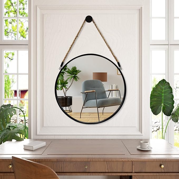 POZINO Round Hanging Mirror, 20" Rope Wall Mirrors Decorative, Black Metal Frame Circle Mirrors, Farmhouse Wall Mounted Mirrors for Bathroom, Bedroom, Living Room, Entryway, Home Decor