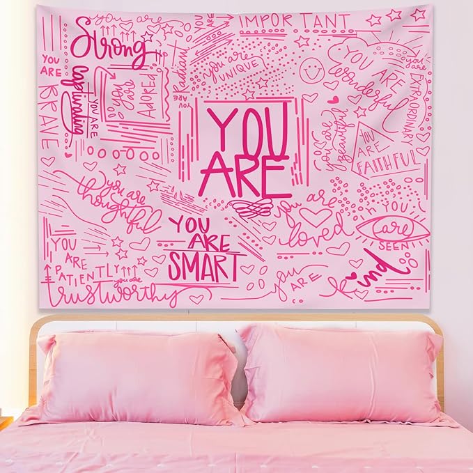 KJHL Quote You Are Wall Tapestry Pink Inspirational Classroom Kids Tapestries Wall Hanging Motivational Positive Affirmations Saying Aesthetic Tapestry for Bedroom Dorm