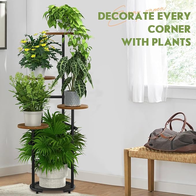 TOSKING 5 Tier Thickened Metal Plant Stand Indoor,Plant Shelf, Corner Shelf, Flower Pot Stand for Multiple Plants, Indoor Plants Tiered Stand for Living Room Balcony Garden Patio Bedroom (Black and Brown, 42in)