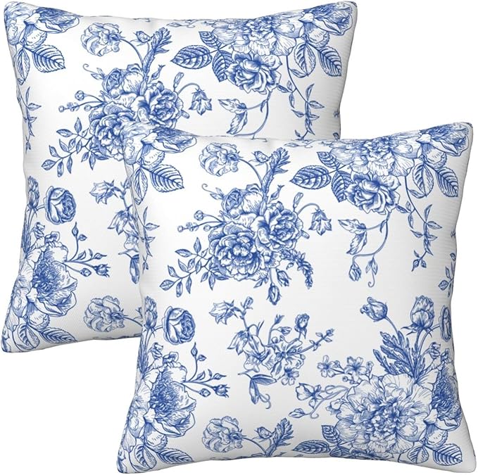 Chinoiserie Blue and White Flowers Pillow Covers 20x20 Set of 2, Vintage Blue Floral Throw Pillow Covers Outdoor Decorative Pillow Case for Couch Bed Sofa Cushion Home Decor
