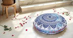 CRAFT KALA 22" Round Mandala Boho Pillow Cover Meditation Room Seating Poufs Cover for Living Room Yoga Room Home Bedroom Balcony Garden Party Decoration Cotton Floor Cushion Cover (Blue Trishul)