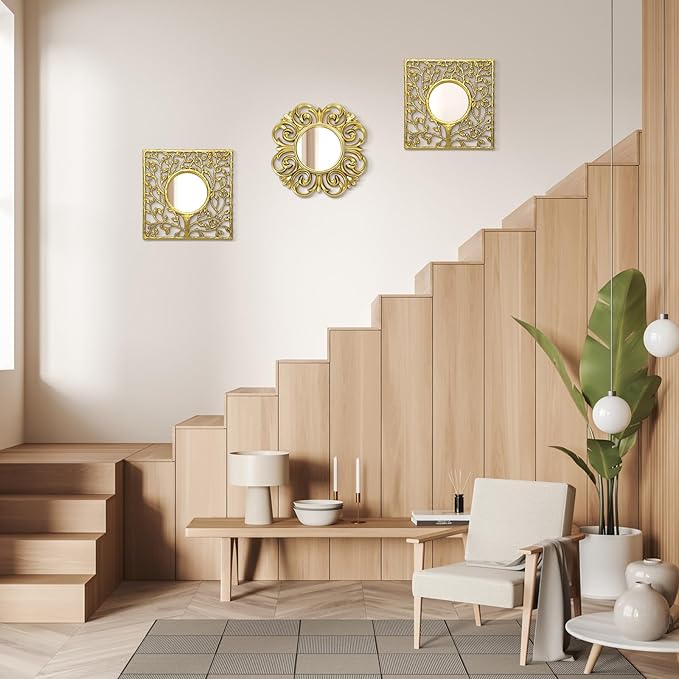 3 Pack Gold Sunburst Mirrors for Wall Decor Circle Flowers Mirrors Decorative Gold Hanging Wall Art Flowers Mirror for Home Living Dinning Room Bedroom Bathroom Boho Decoration Art(Vintage)