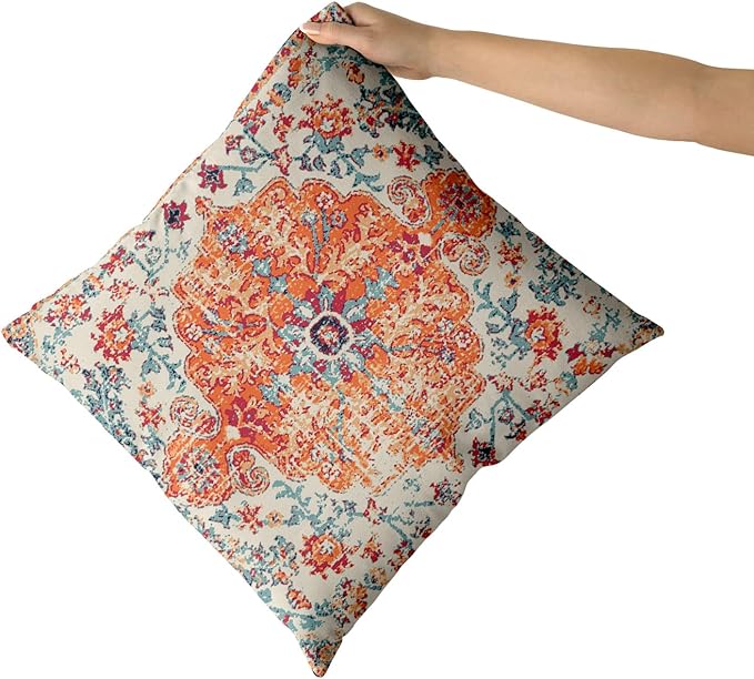 Orange Blue Ethnic Boho Throw Pillow Covers 24x24 Inch Decorative Bohemian Carpet Vintage Rust Coral Floral Pillow Cases Rustic Rug Cushion Covers Farmhouse Home Decor For Sofa Couch Outdoor Set of 2