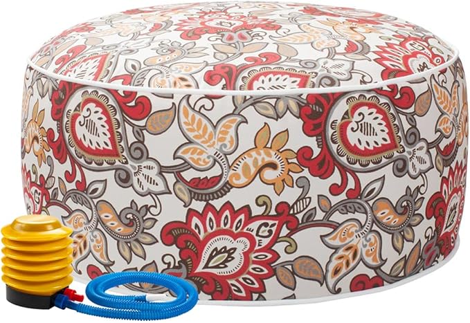 Magpie Fabrics Indoor/Outdoor Inflatable Stool Ottoman Pouf, Water Repellent Round Footrest Footstool with Foot Pump D20 xH9, Portable for Patio Garden Travel Camping or Home, Floral Red Orange