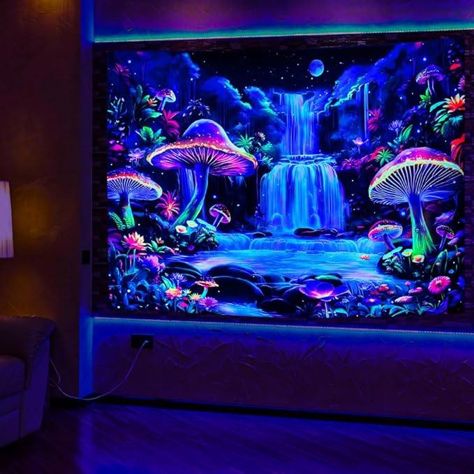 Dermijer Blacklight Tapestry Fantasy Mushroom Forest Tapestry UV Reactive Waterfall Tapestries Moon Night Neon Flower Landscape Tapestries Wall Hanging for Home Decor L59.1×W51.2
