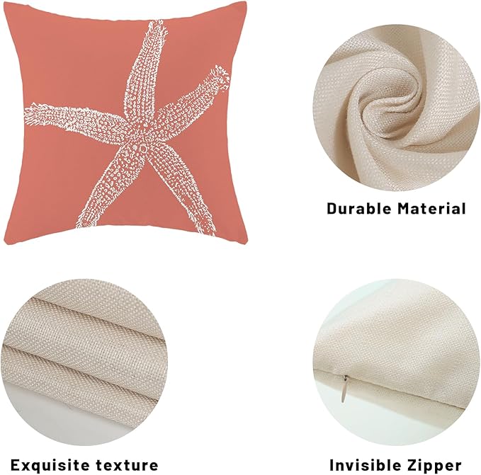 Orange Starfish Pillow Covers 16x16 Inch Set of 2, Nautical Ocean Coastal Coral Throw Pillows Spring Summer Decorations Linen Pillowcase Outdoor Decor Farmhouse Cushion Case for Home Holiday