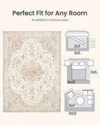 AMADA HOMEFURNISHING 8x10 Washable Area Rug, Low-Profile Large Area Rug with Non-Slip Backing & Durable Edge Binding, Vintage Large Rugs for Living Room, Bedroom, Dinning Room