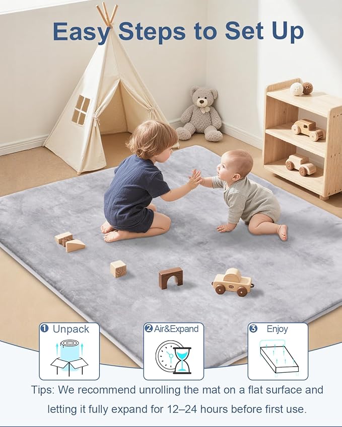 Large Thick Baby Play Mat for Floor,Padded 74x50 Playpen Mat,Foam Tummy Time Mat,Soft Support&Plush Feel Nursery Rug,Non Slip for Toddler,Infants,Kids Play,Yoga,Baby Crawling Mat (Light Grey)