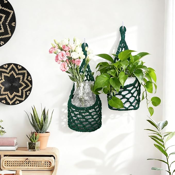 Macrame Wall Plant Hanger, Hanging Planter Basket Holder, Wall Planters for Indoor Plants, for Up to 6 Inch Pot (Green, 6-Inch)