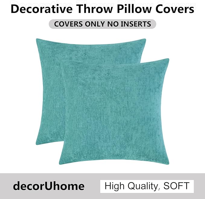 decorUhome Chenille Turquoise Spring Euro Sham Throw Pillow Covers 26x26 Inch Set of 2, Decorative Soft Couch Pillow Covers Solid Dyed Accent Farmhouse Neutral Square Pillow Cases for Sofa