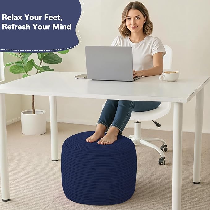 MeMoreCool Stuffed Round Pouf Ottoman Foot Rest, Soft Plush Floor Pouf Foot Stool, Corduray Footstool Footrest, Small Round Ottoman for Living Room Couch Sofa Chair, 20x15 Inch Navy