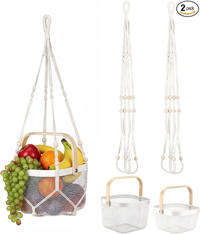 2 Sets Hanging Fruit Baskets for Kitchen 2 Size Metal Wire Mesh Basket with Boho Woven Rope Fruit Hammock Wall Hanging Vegetable Produce Basket for Kitchen Organizing Gathering Storage