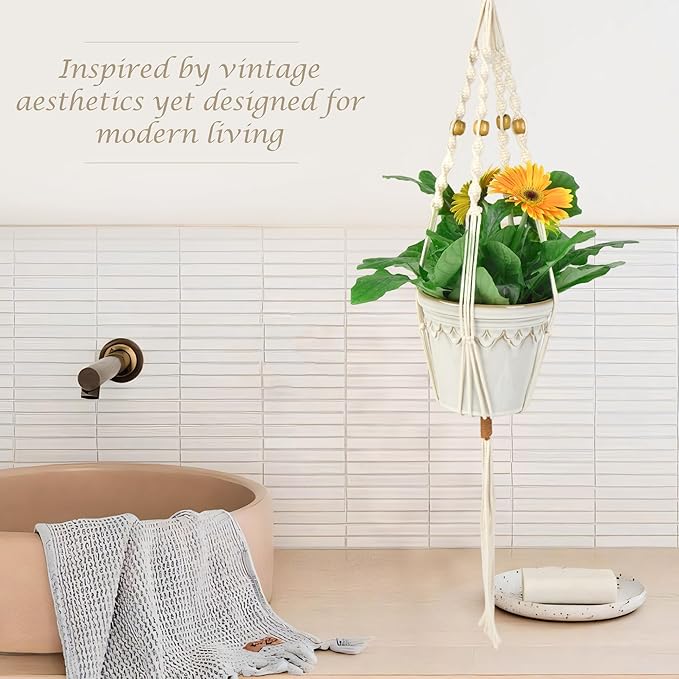 BB FUN HOUSE Macrame Plant Hanger Indoor Hanging Planter Basket with Wood Beads Decorative Flower Pot Holder No Tassels for Indoor Outdoor Boho Home Decor 35 Inch (POTS NOT Included)