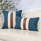 Yangest Patchwork Pillow Cover 18x18 Inch Luxury Cotton and Linen Cushion Cover Faux Leather Pillowcover for Couch Bedroom Living Room, Blue