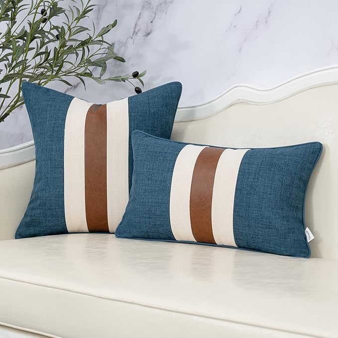 Yangest Patchwork Pillow Cover 18x18 Inch Luxury Cotton and Linen Cushion Cover Faux Leather Pillowcover for Couch Bedroom Living Room, Blue