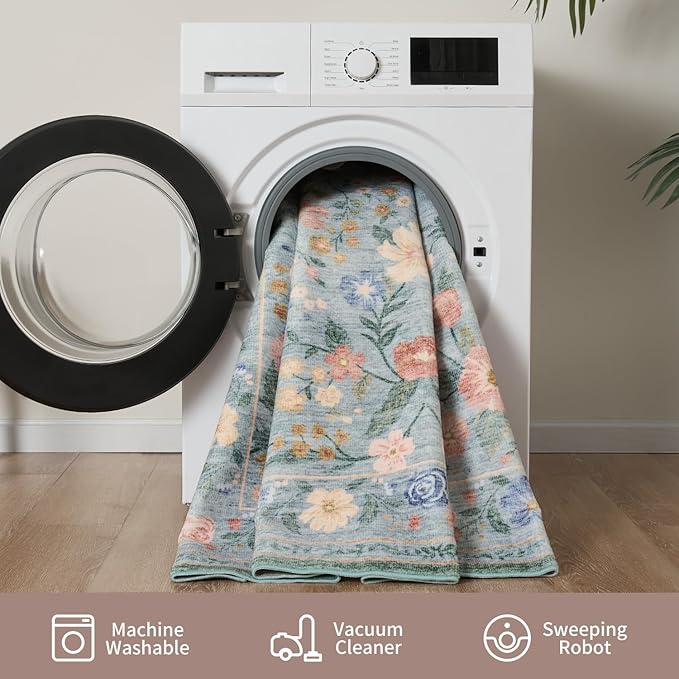 AMOAMI Vintage Floral Runners for Hallways Indoor, 2'6''x8' Kitchen Runner Rug Non Slip Machine Washable Entryway Rug Runner Ultra Soft Boho Carpet Runner for Hallway Kitchen Bedside Entryway, Green