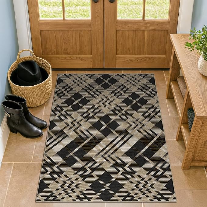 JTJ Vintage Indoor Entrance 4x3 Rug - Easy Jute Woven Door Mat for Indoor Area, 3x4 Large Kitchen Rug, Washable Low Pile Black and White Geometric Aesthetic Natural Color Decor