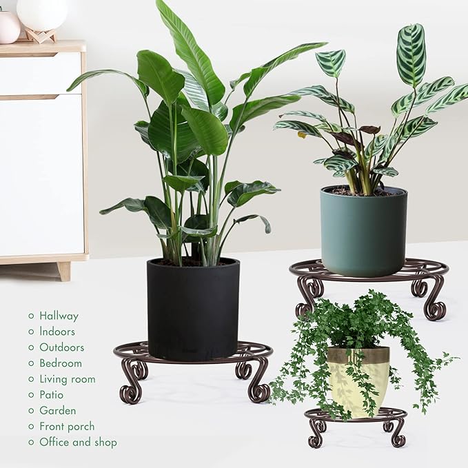 Yimobra 4 Pack Plant Stand for Flower Pot Heavy Duty Potted Holder Indoor Outdoor Metal Rustproof Iron Garden Container Round Supports Rack for Planter (4PC Brown 10.24 x 2.36 IN)