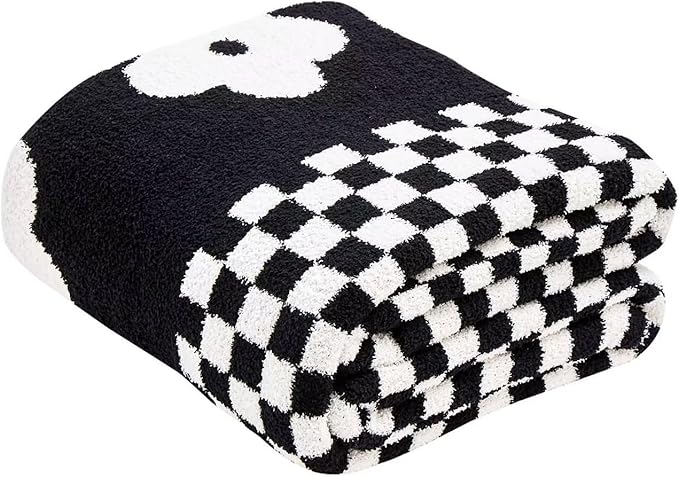 Checkered Throw Blanket, Black Super Soft Knit Breathable Throw Blanket, Cozy Fluffy Reversible Checkerboard Flower Fuzzy Blanket for Couch Sofa Bed Living Room Decor 50 x 60 inch