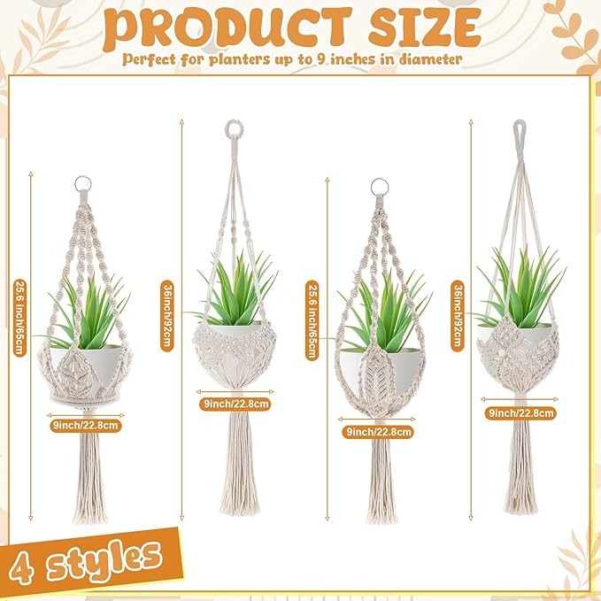 4 Pack Macrame Plant Hanger Hanging Planter with Patterns for up to 8 Inch Pot Indoor Outdoor Hanging Planter Basket Boho Plant Hanger Holder Decorative Flower Pot Holder for Garden Home