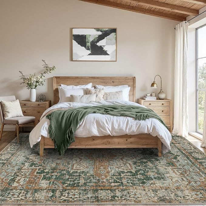 8x10 Area Rugs for Living Room Bedroom, Large Washable Rug, Green Vintage Retro Boho Rug, Non Slip & Low Pile Faux Wool Thin Carpet for Indoor Dining Room and Kids Room(Green/Brown 8x10ft)