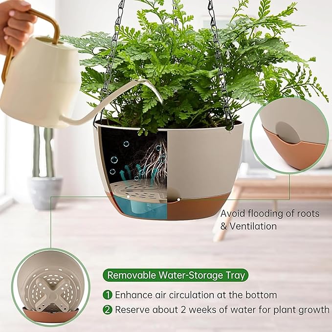 Set of 2 Hanging Planters for Indoor Outdoor Plants, 8 Inch Self-Watering Hanging Flower Pots with Drainage Hole & Removable Water-Storage Tray (Hooks)