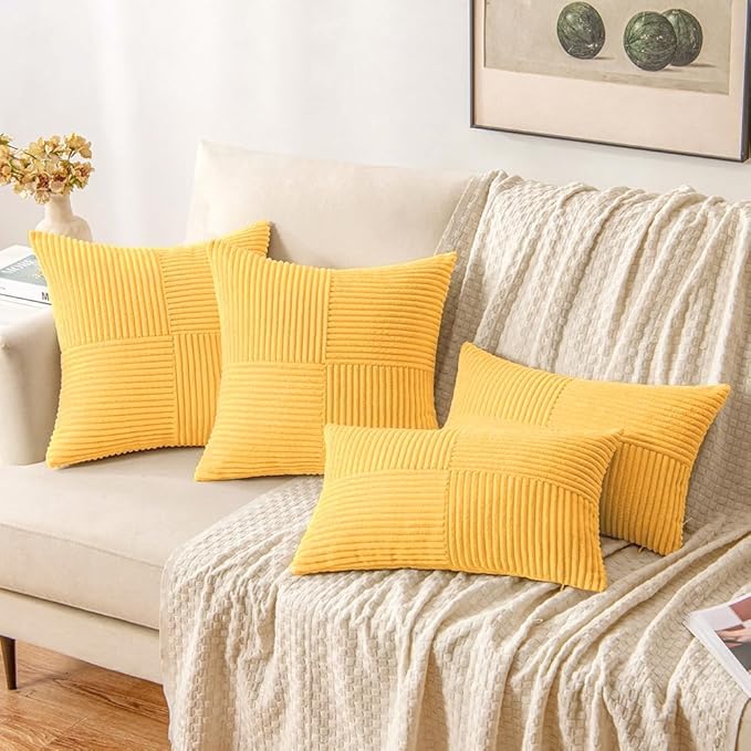 MIULEE Yellow Decorative Throw Pillow Covers 20x20 Inch for Couch Bed Sofa Pack of 2 Boho Farmhouse Throw Pillows Soft Cross Corduroy Patchwork Textured Cushion Cases
