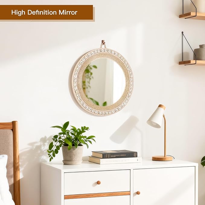 Round Mirrors for Wall, Hand-Woven Shell Lace Decorative Mirror, Boho Mirrors for Over Sink, Wall Decor for Bathroom, Entryway, Bedroom, Vanity (Natural)