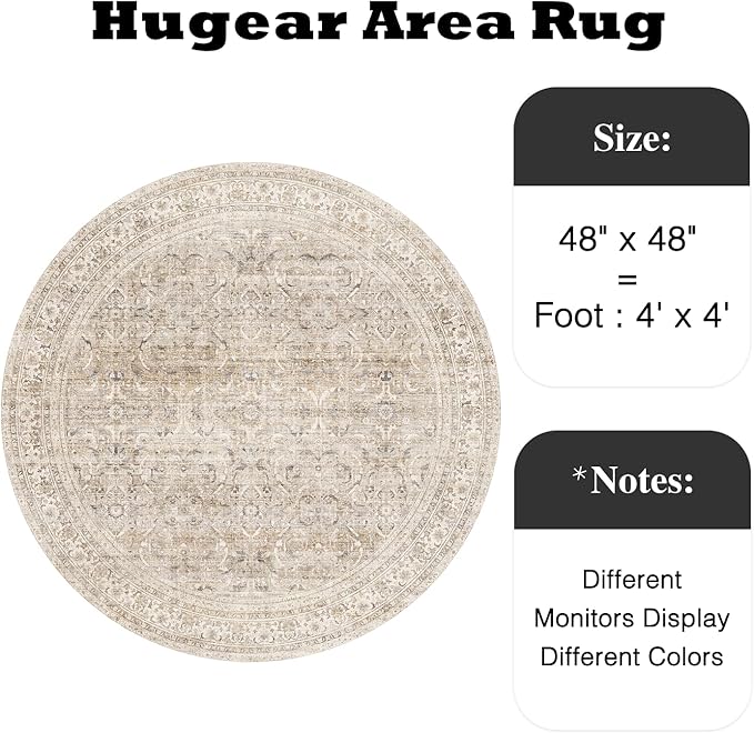 HUGEAR 4ft Round Rug Entryway Rugs Machine Washable Beige Hallway Area Rug 4x4 Small Circle Floral Low Pile Carpet Vacuumable Throw Rug Living Room Laundry Entrance Non Slip Soft Lightweight