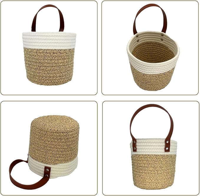 Cotton Rope Hanging Baskets for Organizing 2 Pcs Round Small Wall Basket with Handles Woven Organizer Storage Basket for Kitchen Bedroom Living Room Office (6”x6”, Light Brown)