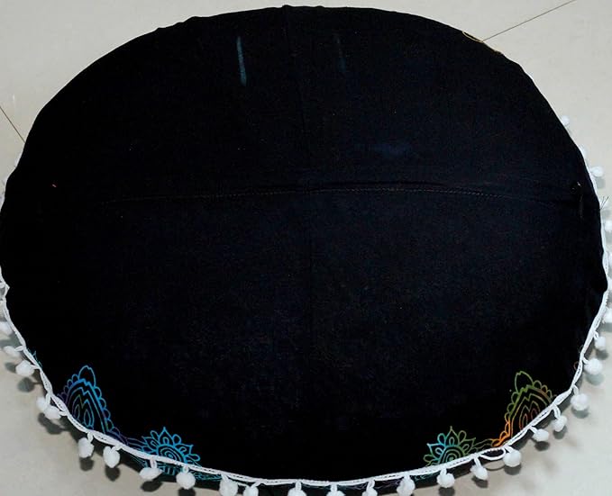 Round Mandala Floor Pillow Cover Seating Cushion Throw Cover Hippie Decorative Bohemian Ottoman Pouf Cover, Pom Pom Pillow Cases,Boho Indian 22 Inches (Multi Color Yin yang)