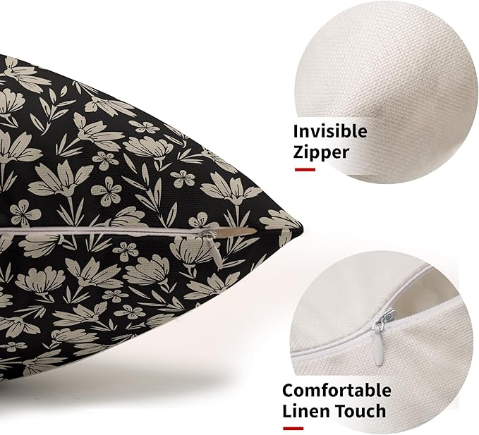 Vintage Flower Lumbar Pillow Covers 12x20 Set of 2 Rustic Old Style Cute Small Floral Black Cream Decorative Throw Pillows Outdoor PillowCase Farmhouse Linen Long Cushion Case Decor for Sofa Couch Bed