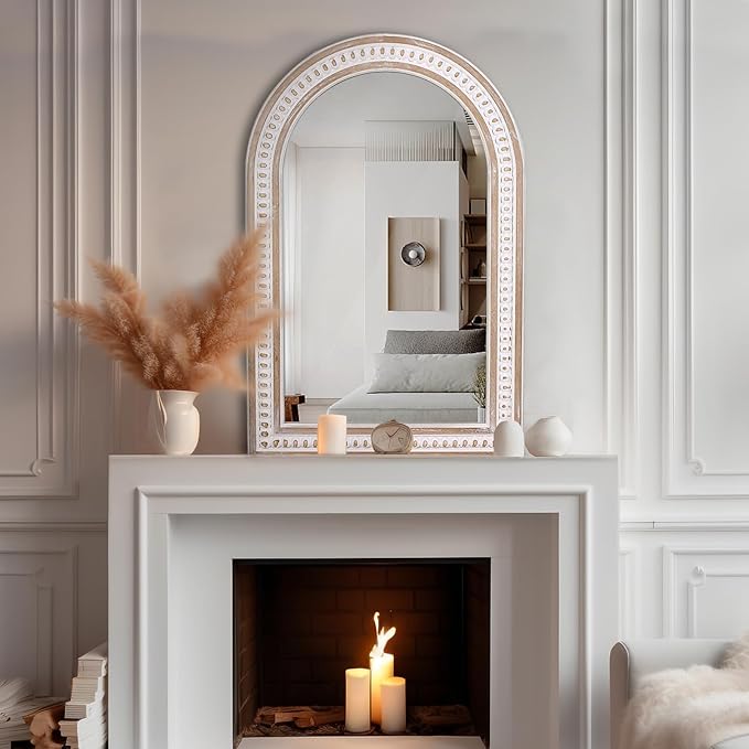 36 x 24 Inch Arched Wall Mirror with Beaded Wood Frame, Boho Farmhouse Decorative Arch Mirrors for Bathroom Over Sink, Living Room, Entryway