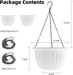 YIKUSH Planters for Outdoor Plants 2 Pack White Plant Pots with Drainage Hole and Absorbing Tray Hanging Planters for Indoor Plants (12 inch, 3 Hooks)