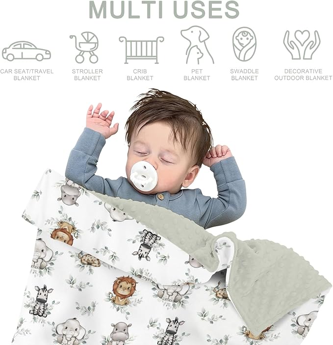 Cute Jungle Safari Animals Boho Leaves Baby Blankets for Girl Boy Lion Giraffe Elephant Zebra Soft Mink Dotted Backing Double Layer Swaddle Blanket Bed Throws for Newborn Infant Toddler Nursery 30x40