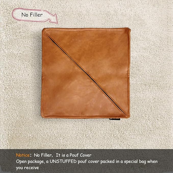Pouf Ottoman, Unstuffed Pouf Cover, Handmade Faux PU Leather Moroccan, Orange Brown 17.7" Square, Foot Rest for Living Room, Floor Chair Gifts for Men Women, (Only Cover)
