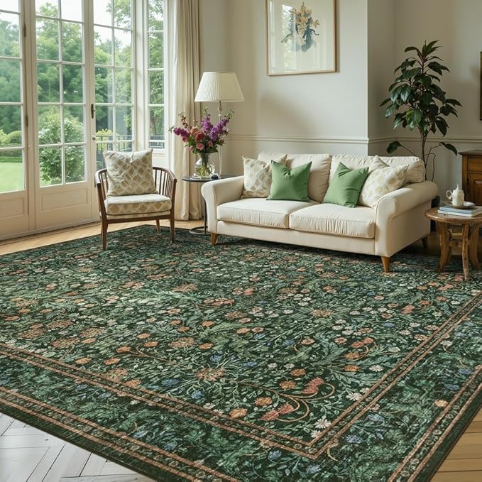 8x10 Area Rugs for Living Room Bedroom, Large Washable Rug, Green Vintage Floral Boho Rug, Non Slip & Low Pile Faux Wool Thin Carpet for Indoor Dining Room and Kids Room(Green 8x10ft)