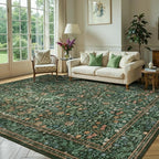 8x10 Area Rugs for Living Room Bedroom, Large Washable Rug, Green Vintage Floral Boho Rug, Non Slip & Low Pile Faux Wool Thin Carpet for Indoor Dining Room and Kids Room(Green 8x10ft)