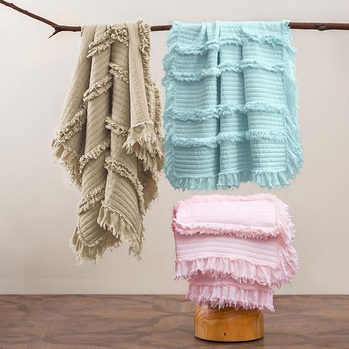 Ultra Soft Pre-Washed Quilted Throw Blanket, Ruffle Fringed Pink Boho Decorative Throw, Stone Washed Chic Rustic Blanket for Sofa Couch Bed Chair, 50"x 60"