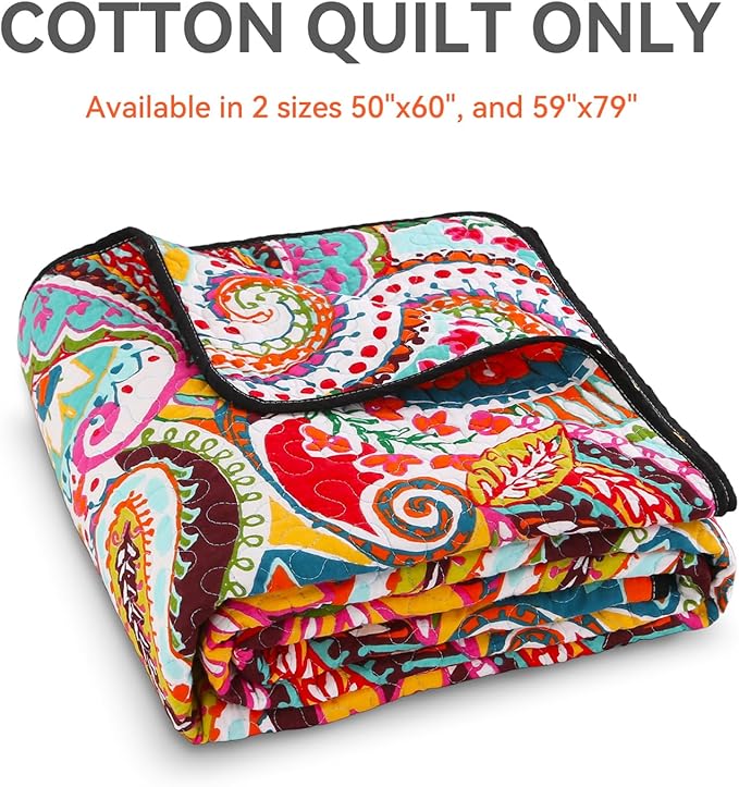 Qucover Cotton Quilted Throw Blanket, Soft Boho Quilt 59"x79", Bright Colorful Red, Orange, Pink and Blue Reversible Paisley Lightweight Quilts for Couch Sofa Beds