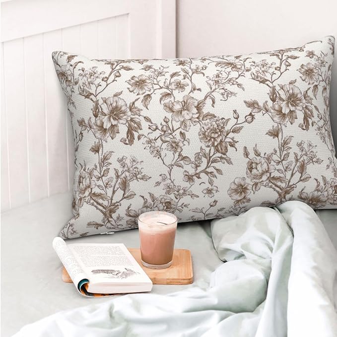 Brown Pillow Covers 12x20 Inch Set of 2 Chinoiserie Floral Throw Pillows Vintage Rustic Toile Flower Decorative Pillow Cases Outdoor Chinoiserie Decor Lumbar Cushion Case for Couch Sofa Bed