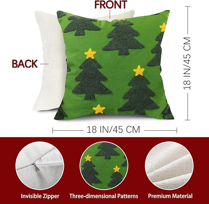 Green Christmas Tree Embroidery Decorative Throw Pillow Covers 18 x 18 Set of 2, Xmas Pine Trees Tufted Porch Outdoor Home Decor, Winter Holiday Plush Faux Fur Jacquard Sofa Couch Cushion Case