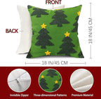 Green Christmas Tree Embroidery Decorative Throw Pillow Covers 18 x 18 Set of 2, Xmas Pine Trees Tufted Porch Outdoor Home Decor, Winter Holiday Plush Faux Fur Jacquard Sofa Couch Cushion Case