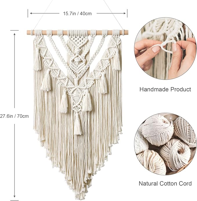 Dremisland Macrame Woven Wall Hanging Boho Geometric Woven Tapestry Beige & Grey Cotton Handmade Bohemian Art Decor with Tassel Craft Ornament for Bedroom Living Room Apartment Nursery (Beige-)