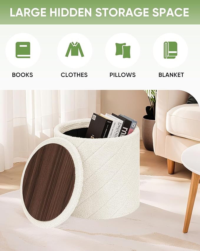 B FSOBEIIALEO Ottoman with Stroage, Boucle Round Storage Ottoman with Tray, Foot Rest Stool for Dorm Room, Living Room White, 16.93"x16.93"x17.72"