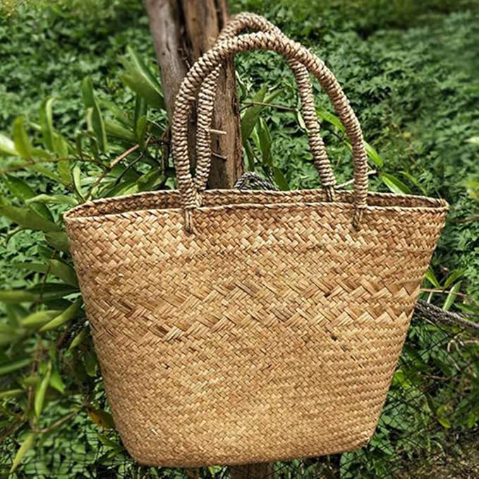 Cabilock Woven Tote Woven Bag Basket Tote Wicker Bag Seagrass Basket Garden Plant Container for Storage Laundry Picnic Beach Storage Bins Toys