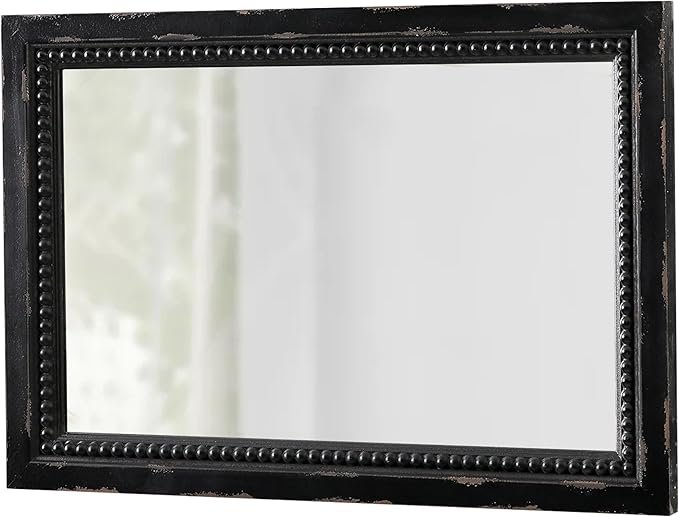 Rustic Black Mirror with Beaded Detailing 29 X 20 Inch, Wall Hanging Distressed Wood Frame Rectangular Gothic Wall-Mounted Mirrors for Living Room Bathroom Entryway, Horizontal or Vertical