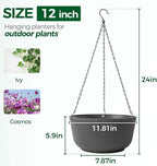 T4U 12 Inch Large Hanging Planters for Outdoor Plants, 2 Pack Self Watering Pots Indoor, Hanging Baskets for Plants,Hanging Flower Pot with Drainage Hole and Plant Hanger, Grey